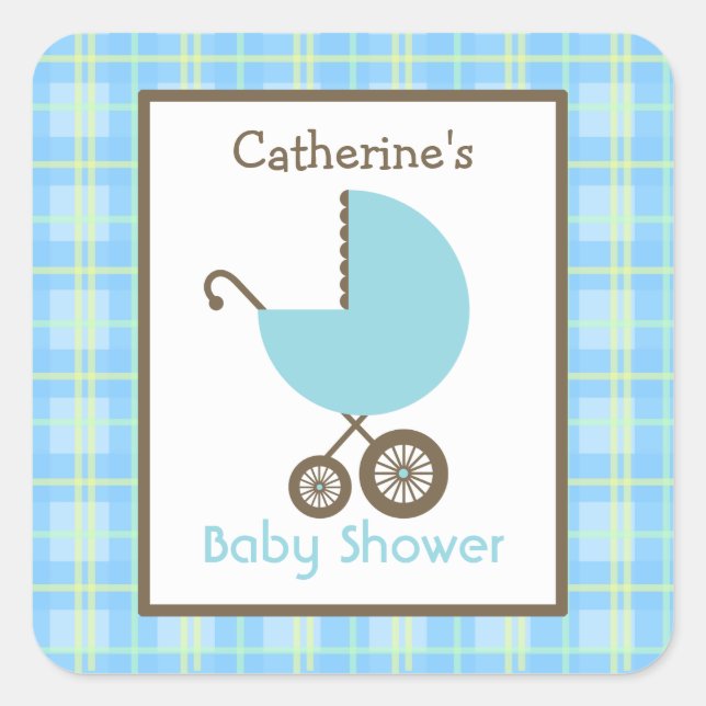 Baby Shower Blue Carriage & Plaid Square Sticker (Front)