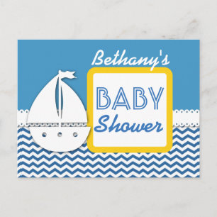 BABY SHOWER Blue Chevrons and Sailboat for Boy A01 Announcement Postcard