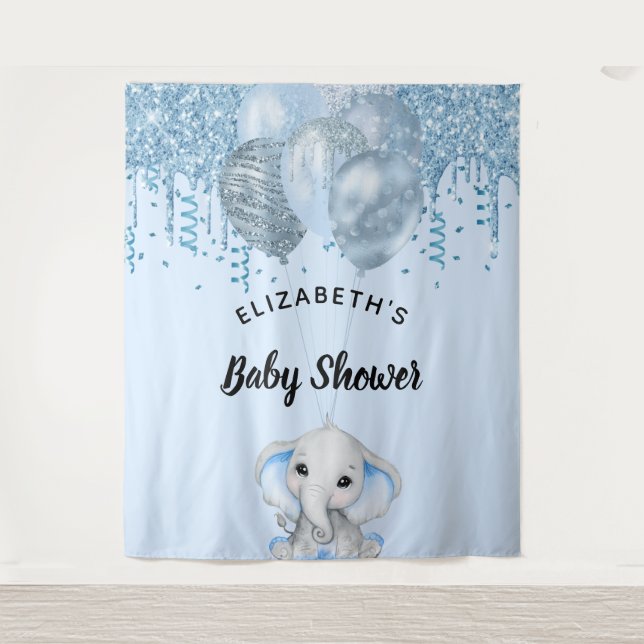 Baby Shower blue elephant boy silver Tapestry (Front)