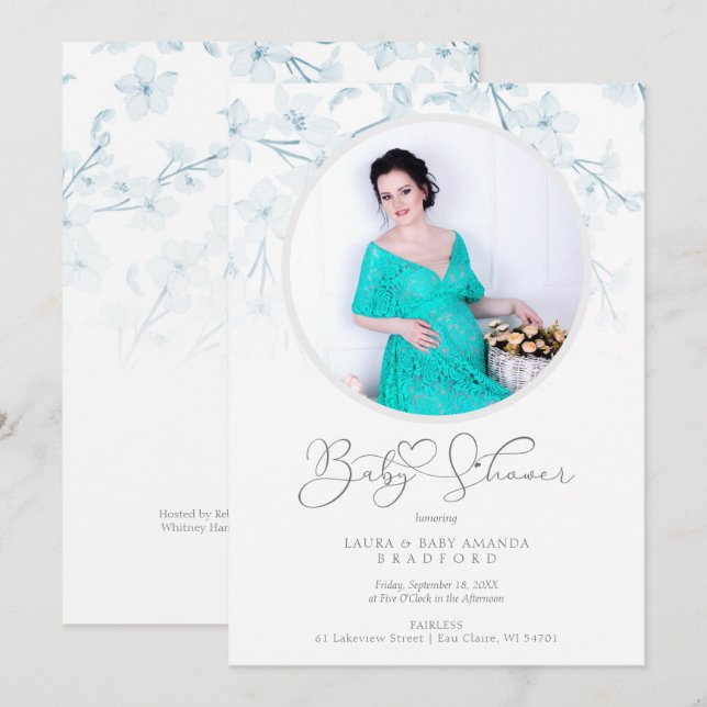 Baby Shower Blue Floral Botanical Photo Invitation (Devant / Derrière)