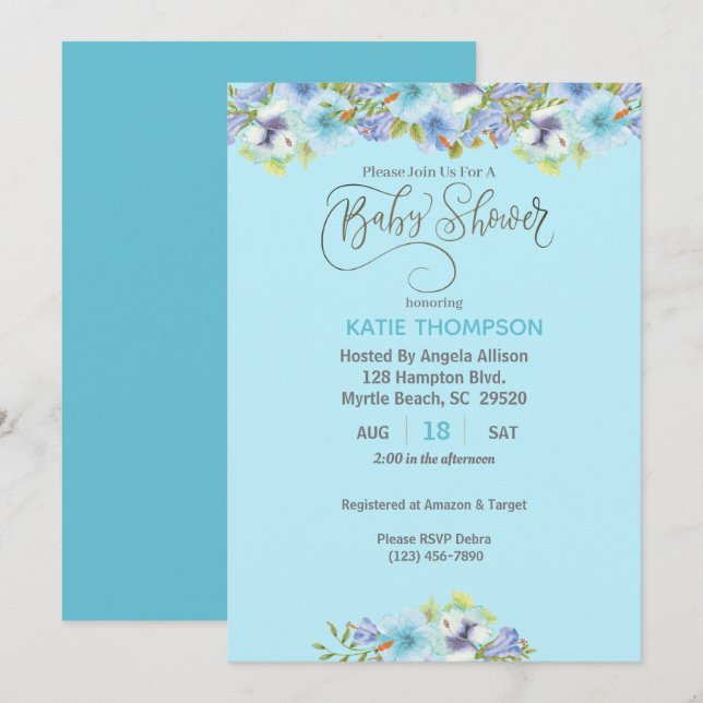 Baby shower Blue Floral Boys Invitation (Devant / Derrière)