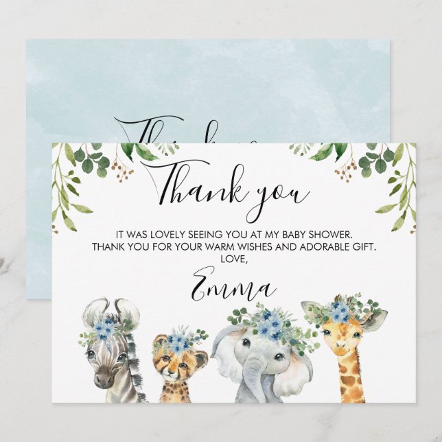 Baby shower Blue Floral Safari Carte de remercieme (Devant / Derrière)