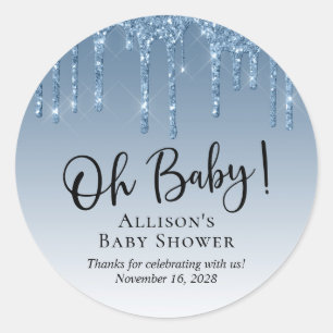 Baby Shower Blue Glitter Thank You Classic Round Sticker