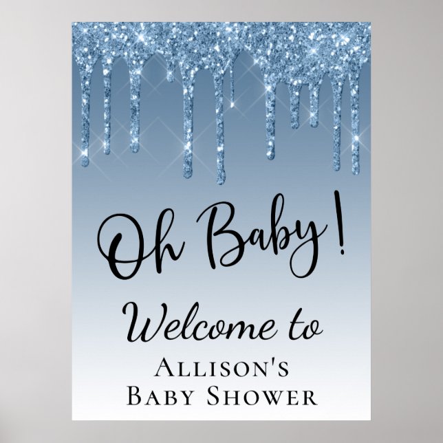 Baby Shower Blue Glitter Welcome Poster (Front)