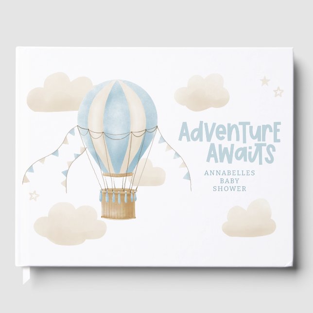 Baby shower blue hot air balloon adventure awaits guest book (Front)