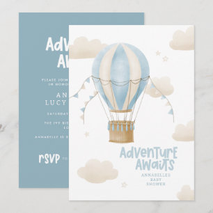 Baby shower blue hot air balloon adventure awaits invitation