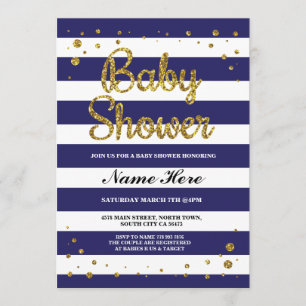 Baby Shower Blue Navy Stripe Gold Glitter Invite