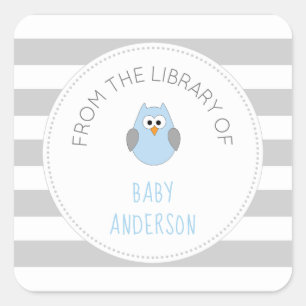 Baby Shower blue owl BOOK sticker, boy bookplate Square Sticker
