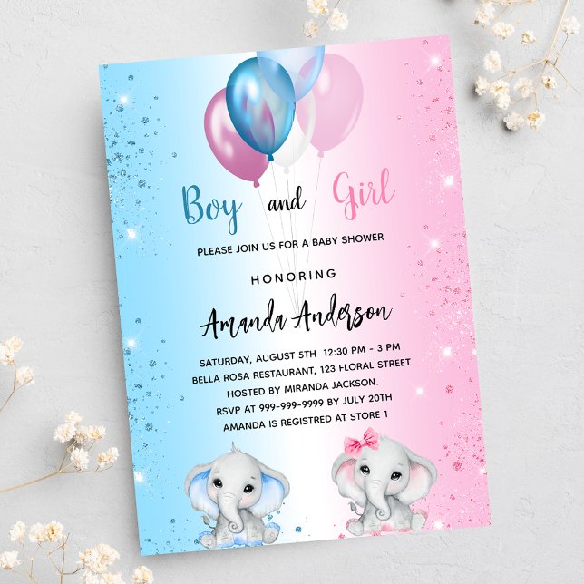 Baby Shower blue pink boy girl elephants twins Invitation Postcard (Creator Uploaded)