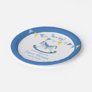Baby shower blue rocking hobby horse custom name paper plate