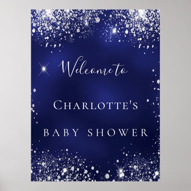 Baby Shower blue silver glitter sparkle welcome Poster (Front)