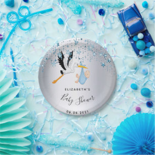 Baby shower blue stars stork boy  paper plate