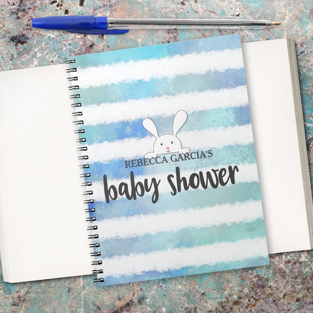 Baby Shower Blue Stripe White Bunny Rabbit Guest Notebook (Creator Uploaded)