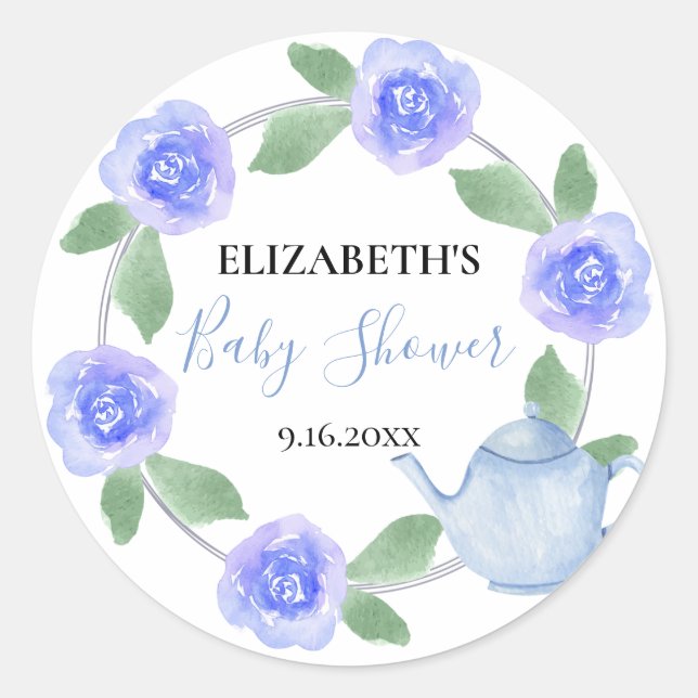 Baby Shower Blue Teapot Floral Baby Boy is Brewing Classic Round Sticker (Front)