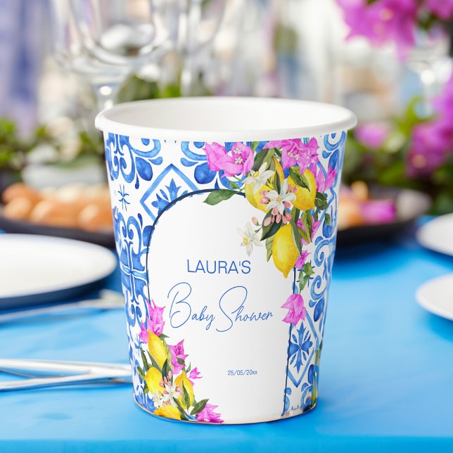 Baby Shower Blue Tiles Lemons bougainvillea Paper Cups (Baby Shower Blue Tiles Lemons bougainvillea Mediterranean themed template Paper Cups personalized )