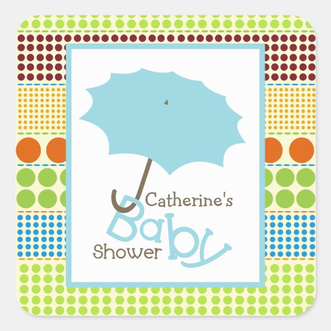 Baby Shower Blue Umbrella & Boho Dots Square Sticker (Front)