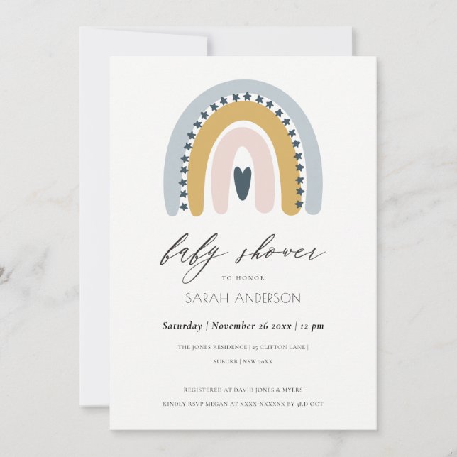 BABY SHOWER BLUSH BLUE HEART RAINBOW INVITATION (Devant)