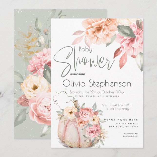 Baby Shower Blush Coral Pumpkin Peony Floral Invitation (Front/Back)