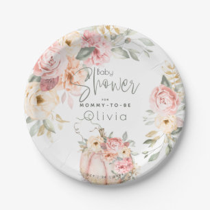 Baby Shower   Blush Coral Pumpkin Peony Floral Paper Plate