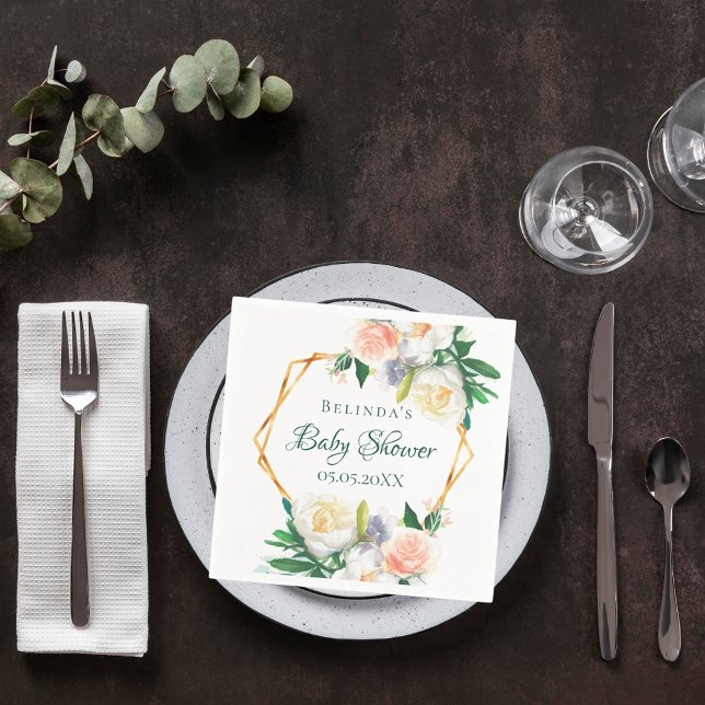 Baby shower blush pink floral geometric monogram napkin (Creator Uploaded)