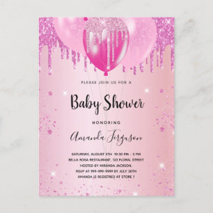 Baby Shower blush pink glitter dust balloons girl  Invitation Postcard
