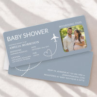 Baby Shower Boarding Pass Plane Dusty Blue Ticket
