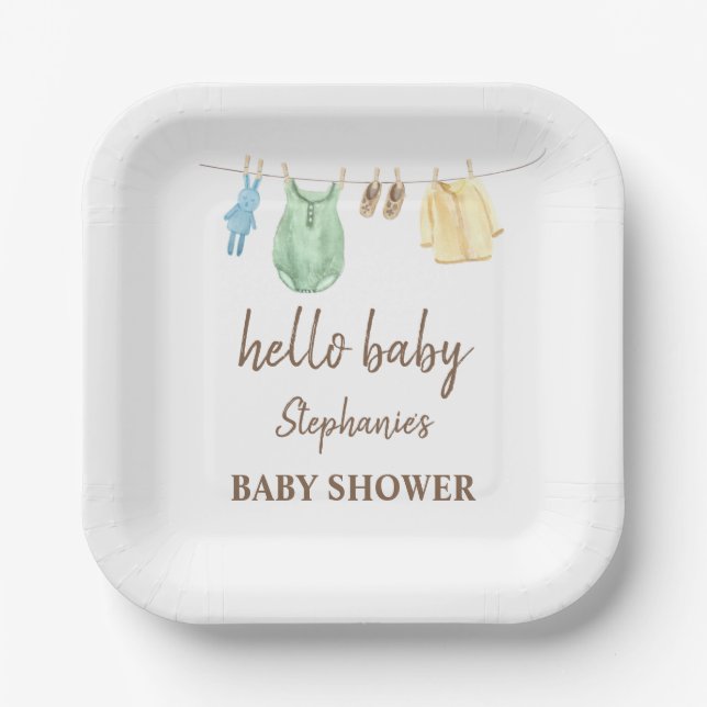Baby Shower Boho Clothes Line Hello Baby   Paper Plate (Front)