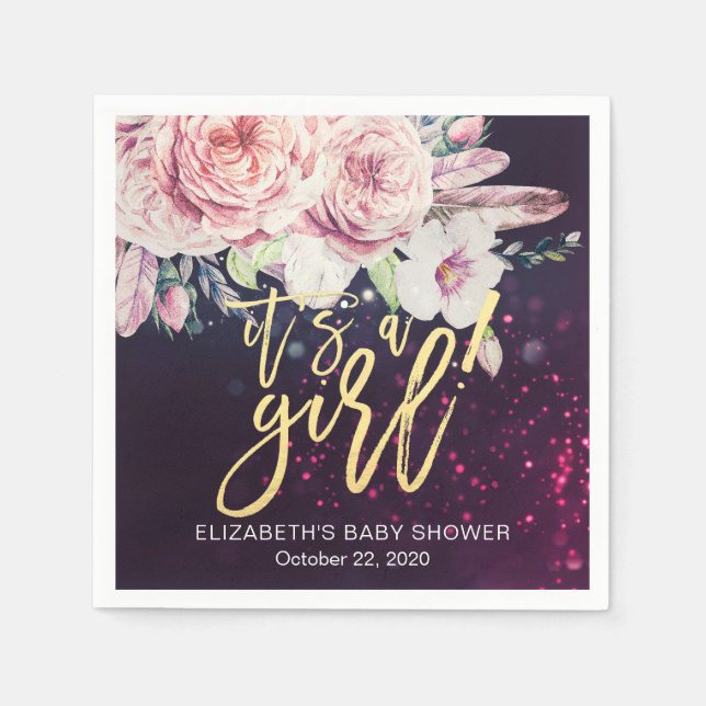 Baby Shower Boho Floral Feather Purple Bokeh Light Napkin (Front)