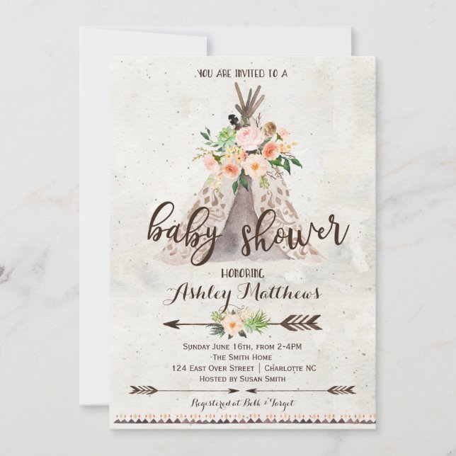 Baby shower Boho TeePee invitation (Devant)