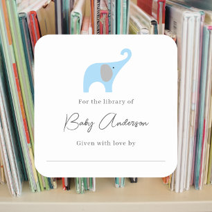 Baby shower bookplate blue elephant square sticker