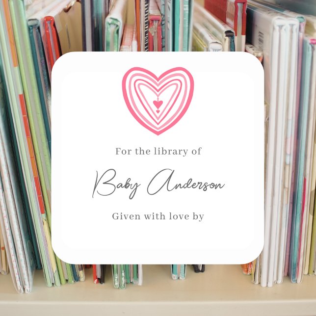 Baby shower bookplate pink heart square sticker (Creator Uploaded)