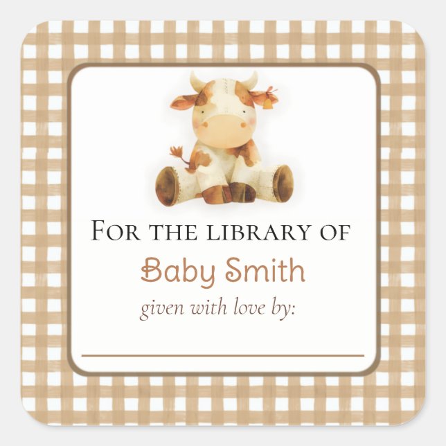 Baby Shower Bookplate Sticker with Plush Cow (Front)