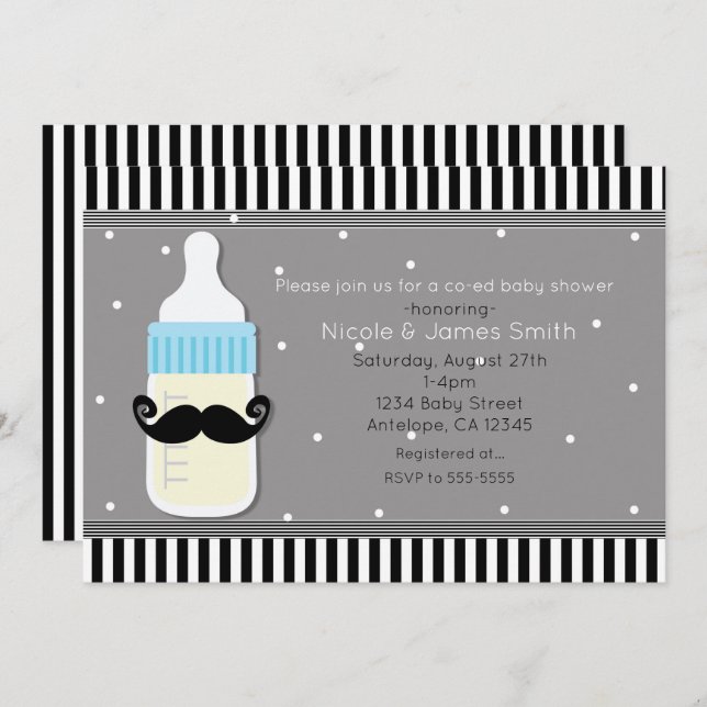 Baby Shower Bottle & Moustache Modern Invitation (Front/Back)