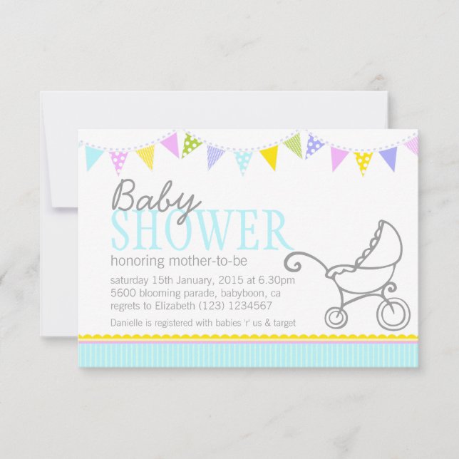 Baby shower bouquet poussette aqua invitation (Devant)
