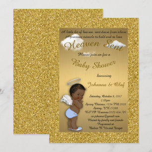 Baby Shower Boy, Afro American,Baby Angel,Gold Invitation