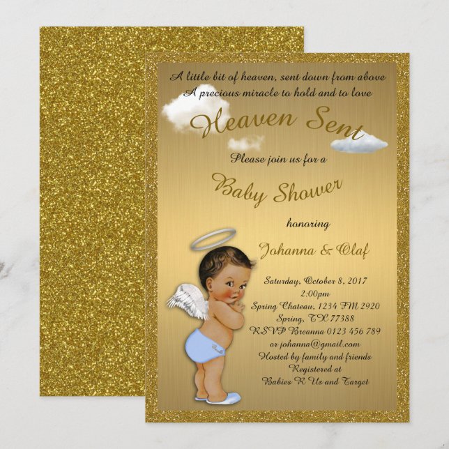 Baby Shower Boy, Baby Angel, glitter, Gold Invitation (Front/Back)