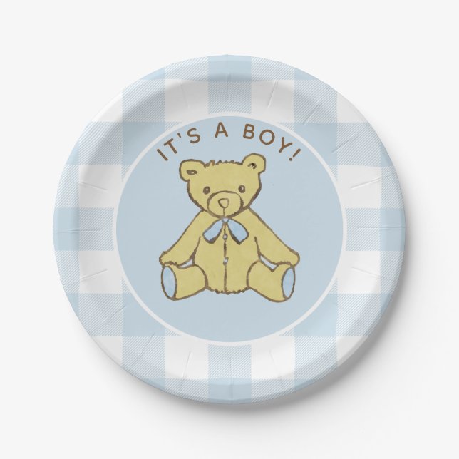 Baby Shower Boy Bear with Blue Buffalo Check Paper Plate (Front)