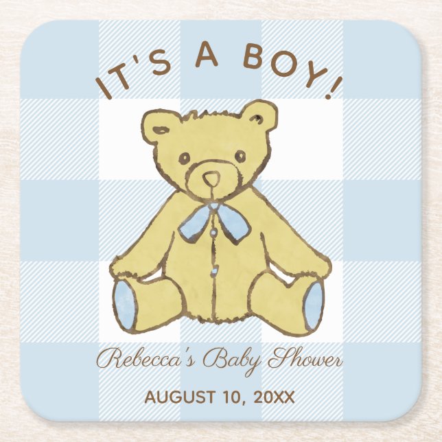 Baby Shower Boy Bear with Name and Date Square Paper Coaster (Front)