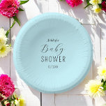 Baby Shower Boy Blue Elegant Paper Plate<br><div class="desc">Boy Baby Shower paper bowls in blue and black with elegant minimalistic blue background and black text. More products with this design are in the collection below.</div>
