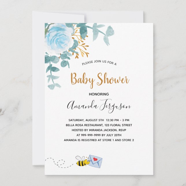 Baby Shower boy blue floral greenery mom to bee Invitation (Front)