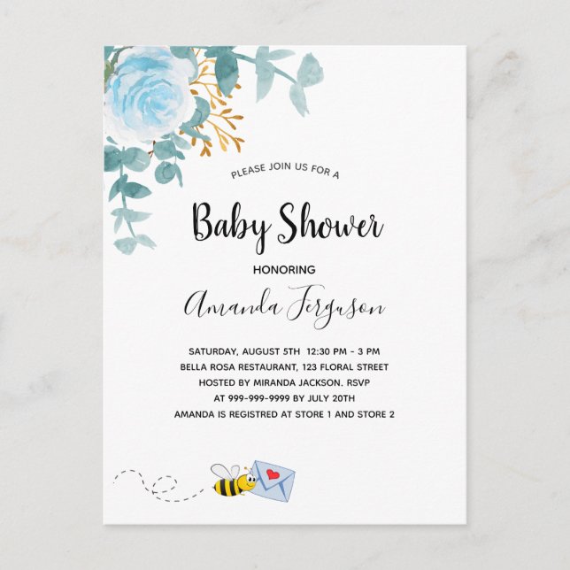 Baby Shower boy blue floral greenery mom to bee Postcard (Front)