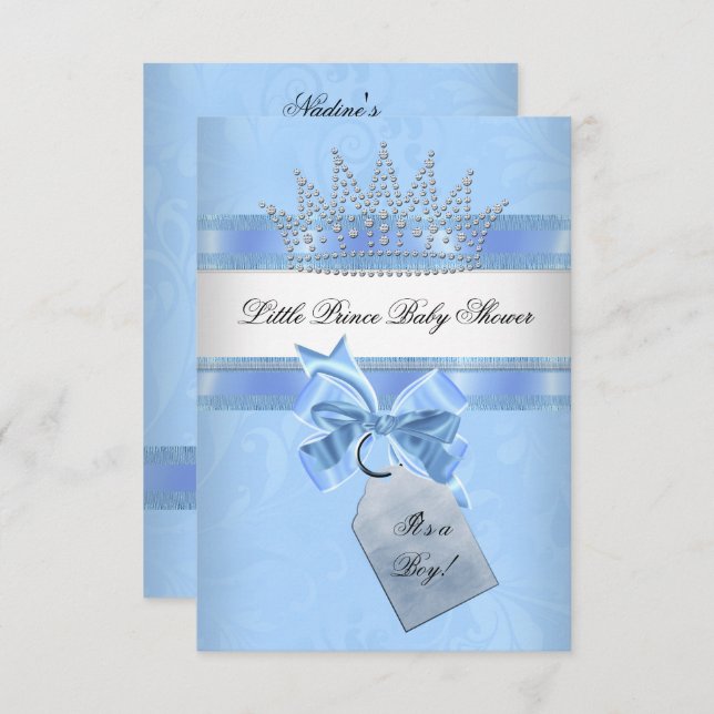 Baby Shower Boy Blue Little Prince Crown Damask Invitation (Front/Back)