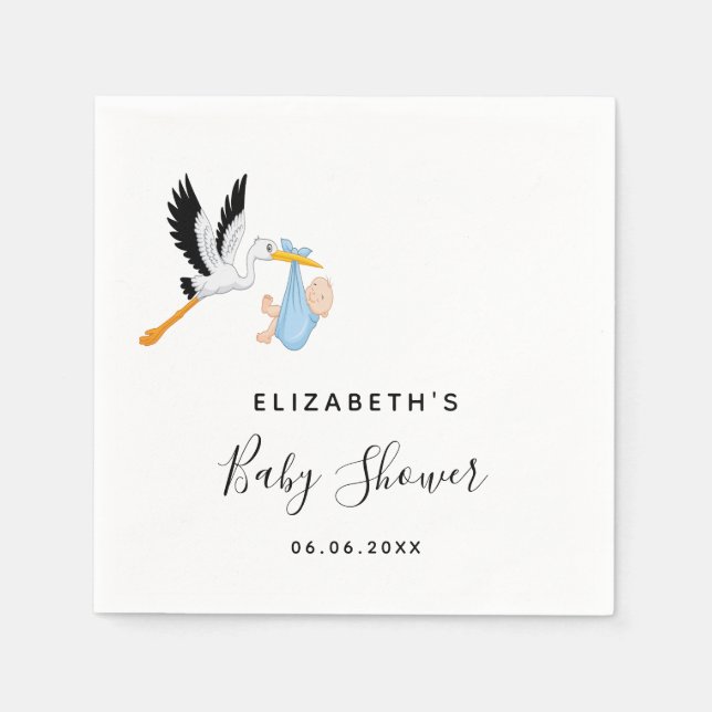 Baby shower boy blue stork name script napkin (Front)