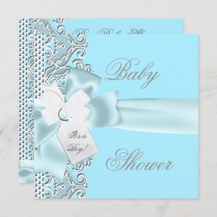 Baby Shower Boy Blue Teal Grey White Lace Invitation