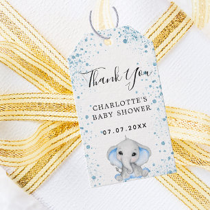 Baby shower boy blue white elephant thank you gift tags