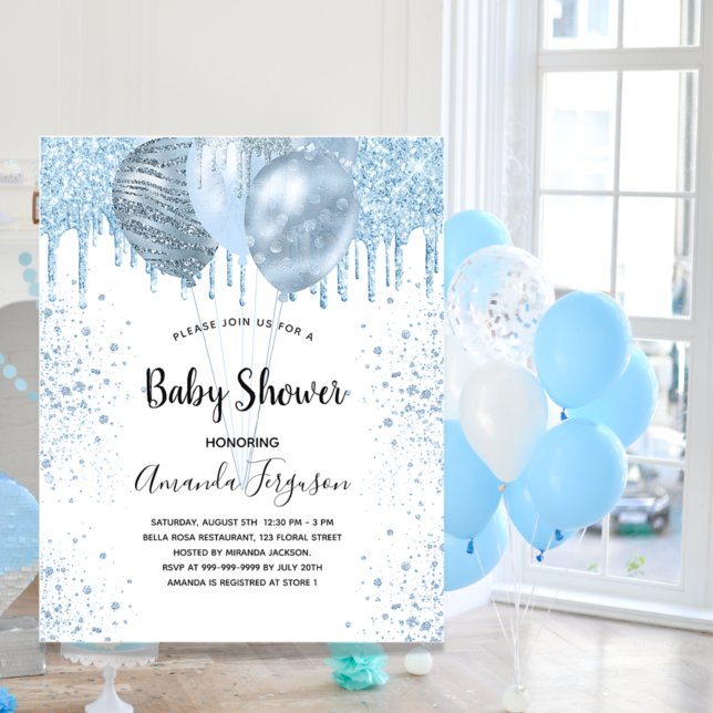 Baby Shower boy blue white glitter balloons Invitation (Creator Uploaded)