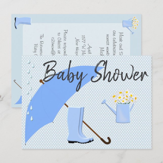 Baby Shower Boy Blues Umbrella and Rain Boots Invitation (Front/Back)