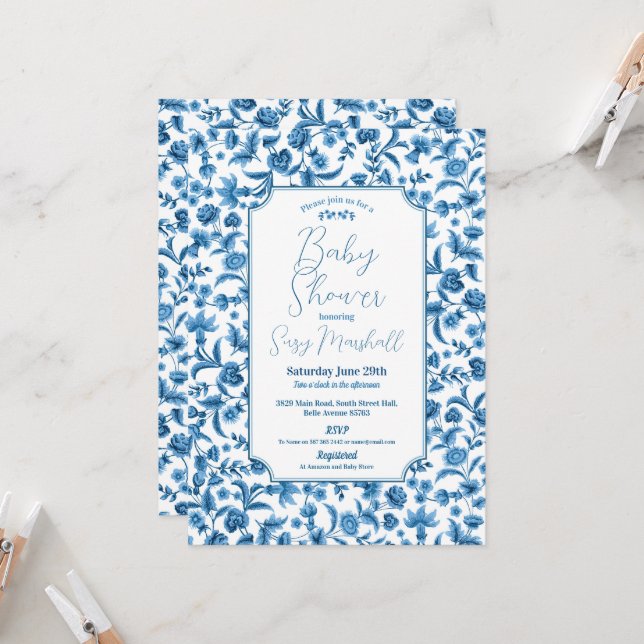 Baby Shower Boy Chintz Blue & White Floral Ditsy Invitation (Front/Back In Situ)