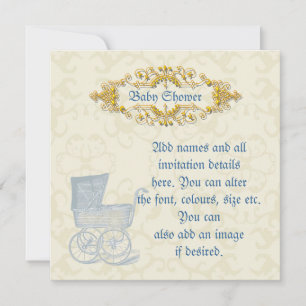 Baby Shower Boy- Ornate gold vintage blue pram Invitation