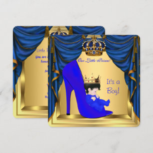 Baby Shower Boy Prince Royal Blue Shoe Gold Invitation